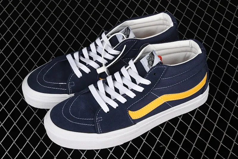 All categories Vans Vans series Vans Mid Vans China Vans Sk8-Mid blue and yellow contrast stitching mid-top retro classic canvas skateboard shoes VN0A3WM34PL